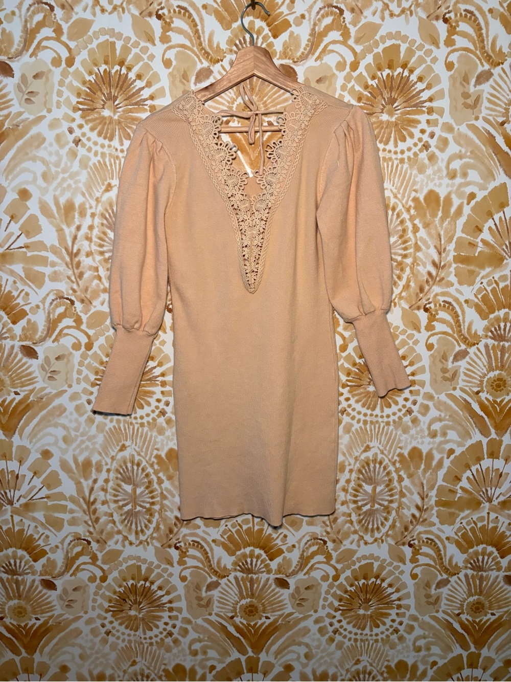 BTFBM Quiet Luxury Feminine Office Chic Camel Knit Sweater Dress Lace Back - Picture 4 of 10
